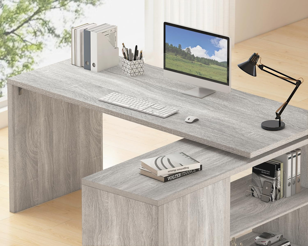 HSH Bureau d'angle gris en forme de L avec étagères de rangement, bureau d'ordinateur réversible en forme de L avec armoire de rangement, bureau d'angle réglable pour PC, écriture, étude, travail, 140