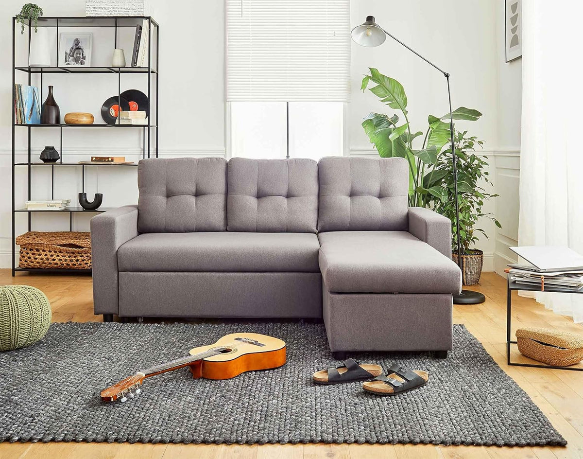 BestMobilier - Canapé d'angle Convertible avec Coffre Réversible Tulipe en Tissu - Canapé Lit - Sofa Gris 4 Places - Angle Droit - ou Gauche - Salon