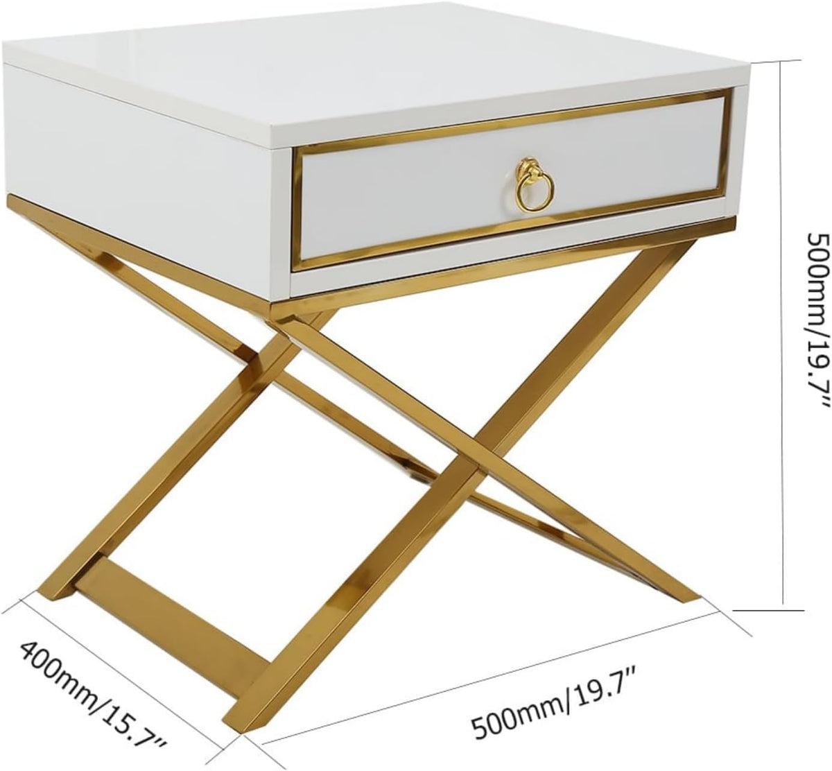 Homary Table de Chevet Blanche X-Shaped Stainless Steel – 1 Tiroir, Finition Dorée, Petit Meuble Rangement pour Chambre & Salon