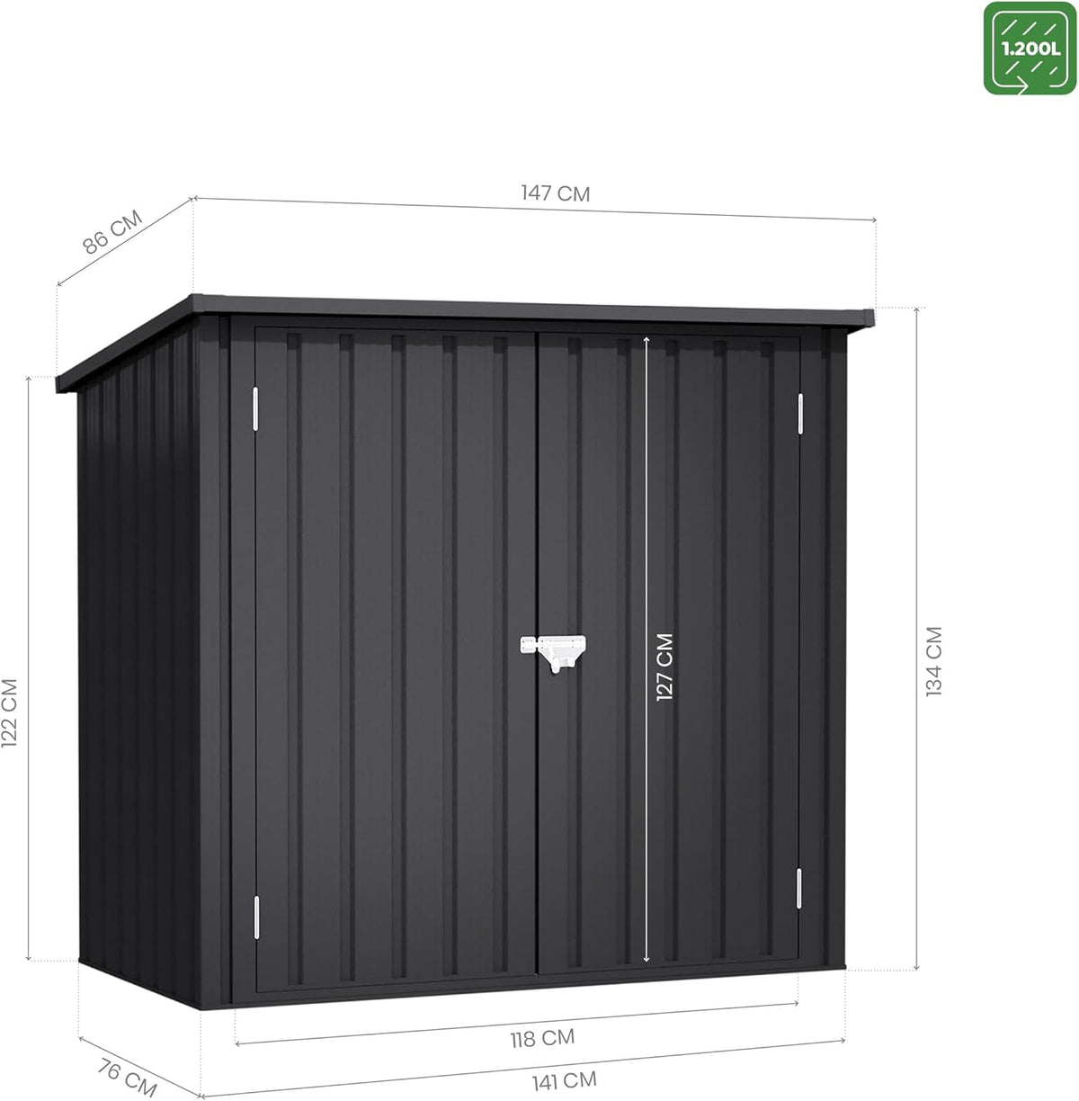 Wasabi - Abri de Jardin Métal 1100 L Stark - 147x86x134cm- Double Porte à charnières - Verrouillage du loquet – Gris Anthracite - Armoire de Rangement extérieur