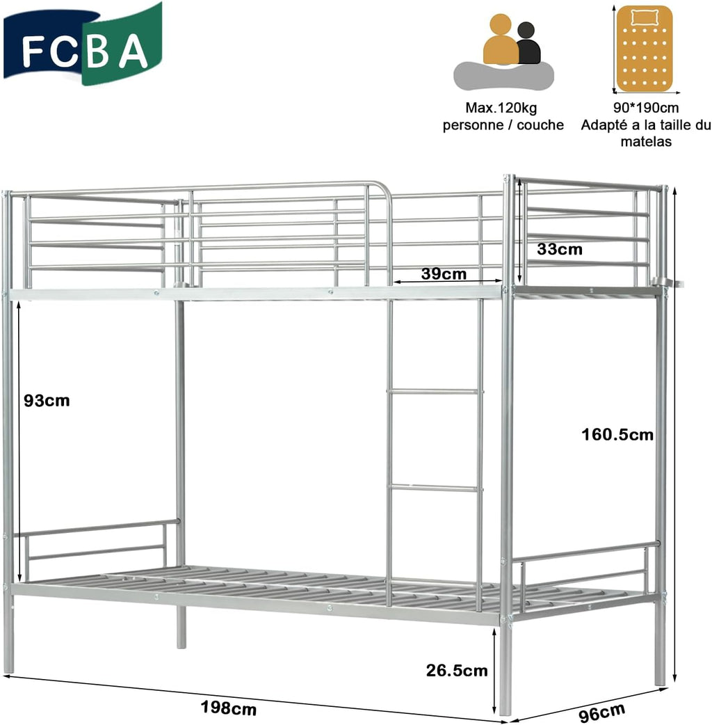 Meuble Cosy Lit superposé 2 Personnes Cadre de Lits 90x190cm en métal pour Enfant Chambre à Coucher Maison, Gris