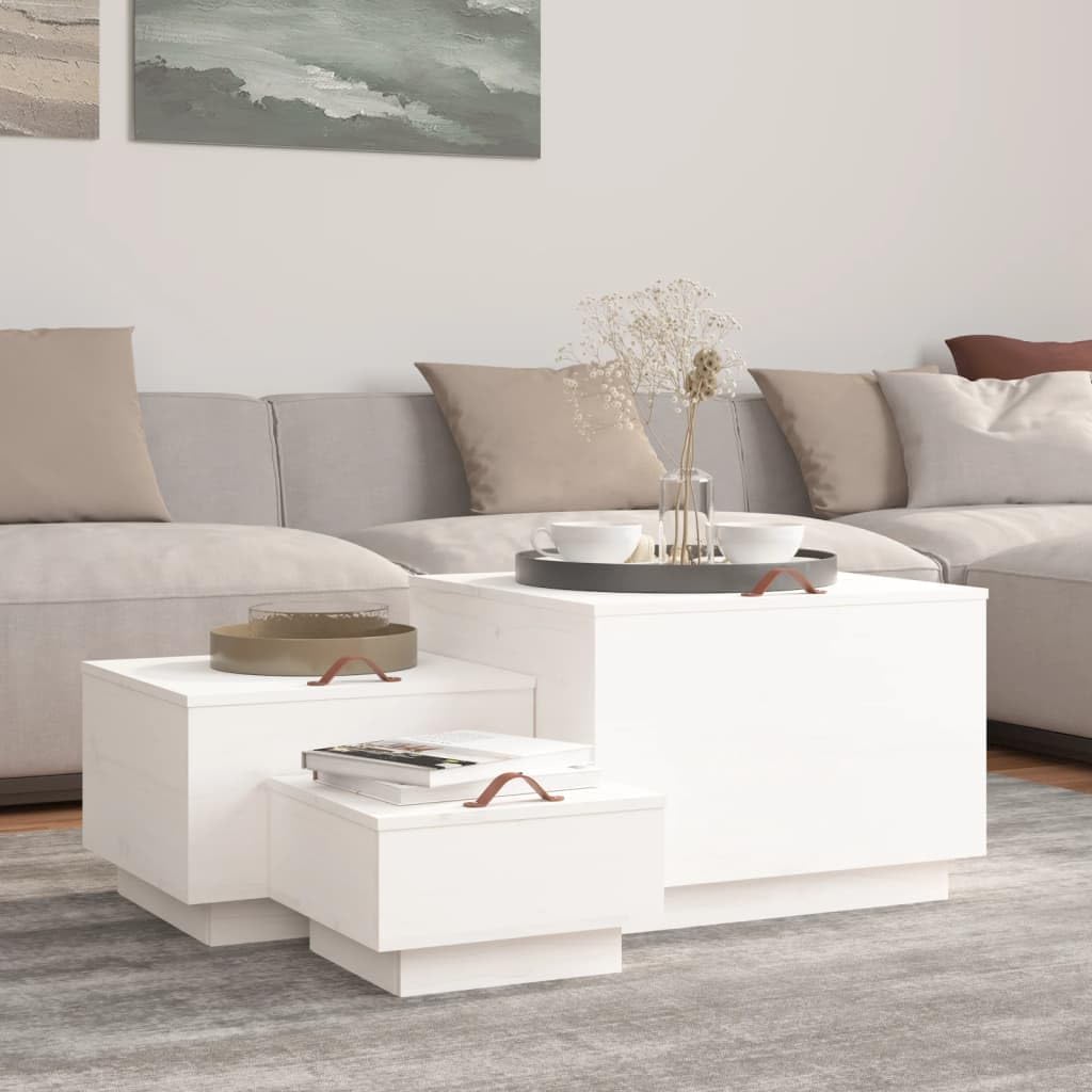 Foknhdi Lot de 3 caisses de rangement en bois de pin blanc 57 × 55 × 40/45 × 43 × 30/35 × 33 × 20 cm empilables avec poignée