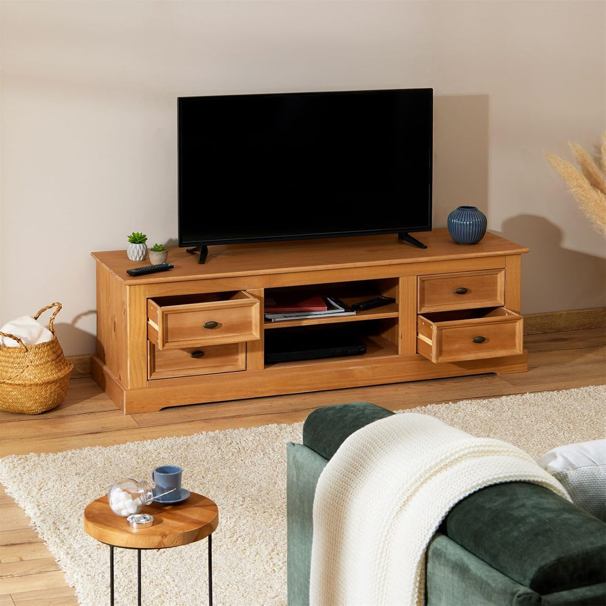 IDIMEX Meuble TV Kent Banc télévision en pin Massif Finition cirée 144 x 46 x 45 cm, avec 4 tiroirs et 2 niches