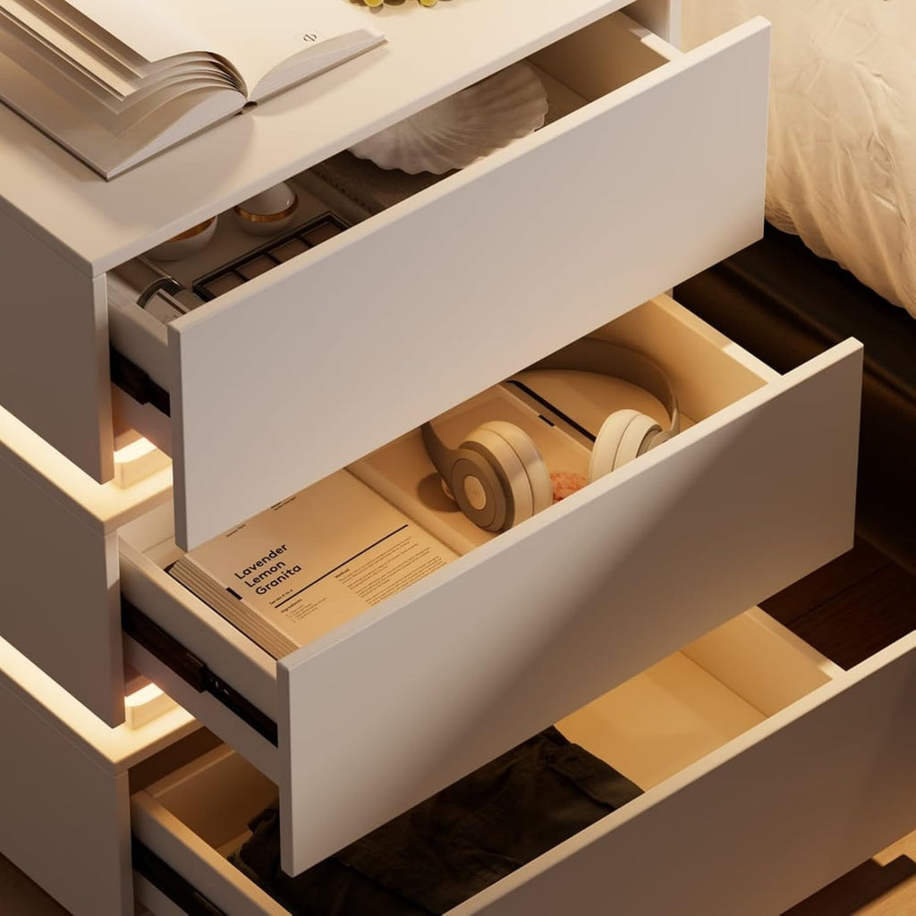 Homary Table de Chevet Intelligente LED Blanc à 3 Tiroirs – Table de Nuit avec Recharge sans Fil & Éclairage Réglable, Design Moderne pour Chambre Adulte (Blanc, 3 Tiroirs)