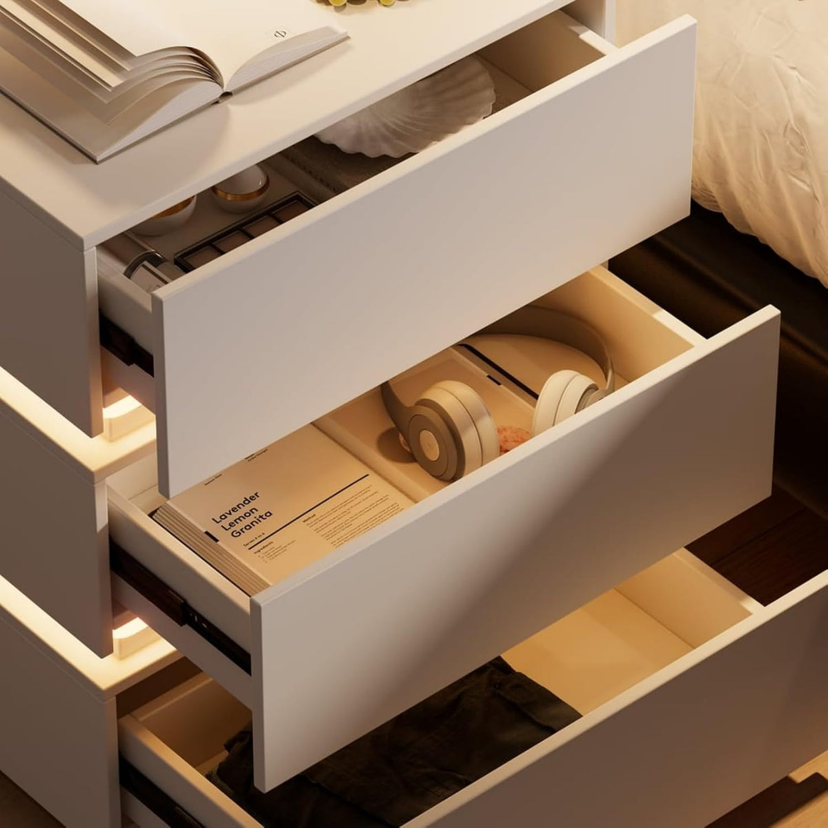 Homary Table de Chevet Intelligente LED Blanc à 3 Tiroirs – Table de Nuit avec Recharge sans Fil & Éclairage Réglable, Design Moderne pour Chambre Adulte (Blanc, 3 Tiroirs)