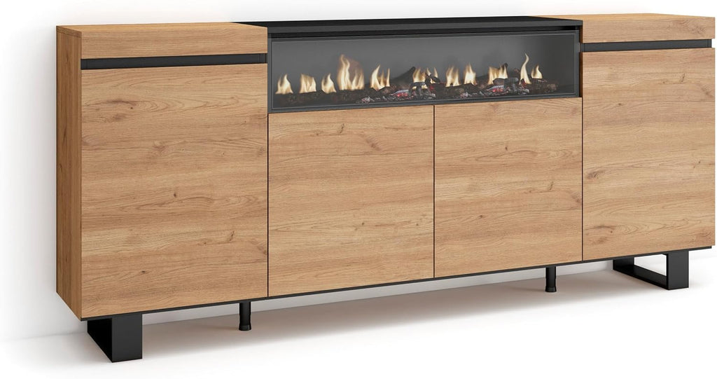 Skraut Home | Buffet Salon et Cuisine | Meuble de Rangement, Commode | 200x87x35cm | 4 Portes | Cheminée électrique | Design Industriel | Style Moderne | Chêne et Noir