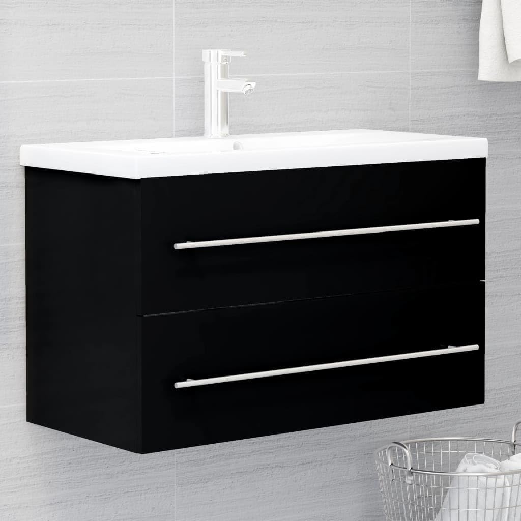 vidaXL Armoire d'Evier avec Lavabo Intégré Meuble de Salle de Bain Armoire de Rangement avec Vasque Toilette Intérieur Noir Bois d'Ingénierie