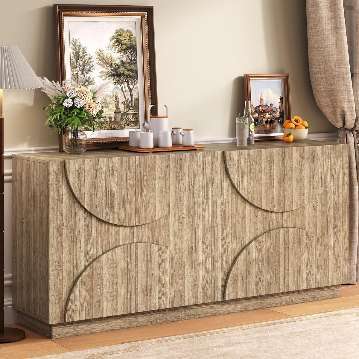 PUGSDRLY Armoire à Couverts avec étagères, Buffet avec Ferme-Portes, Armoire de Rangement en Bois Naturel à Quatre Portes(160 x 40 x 80 cm)