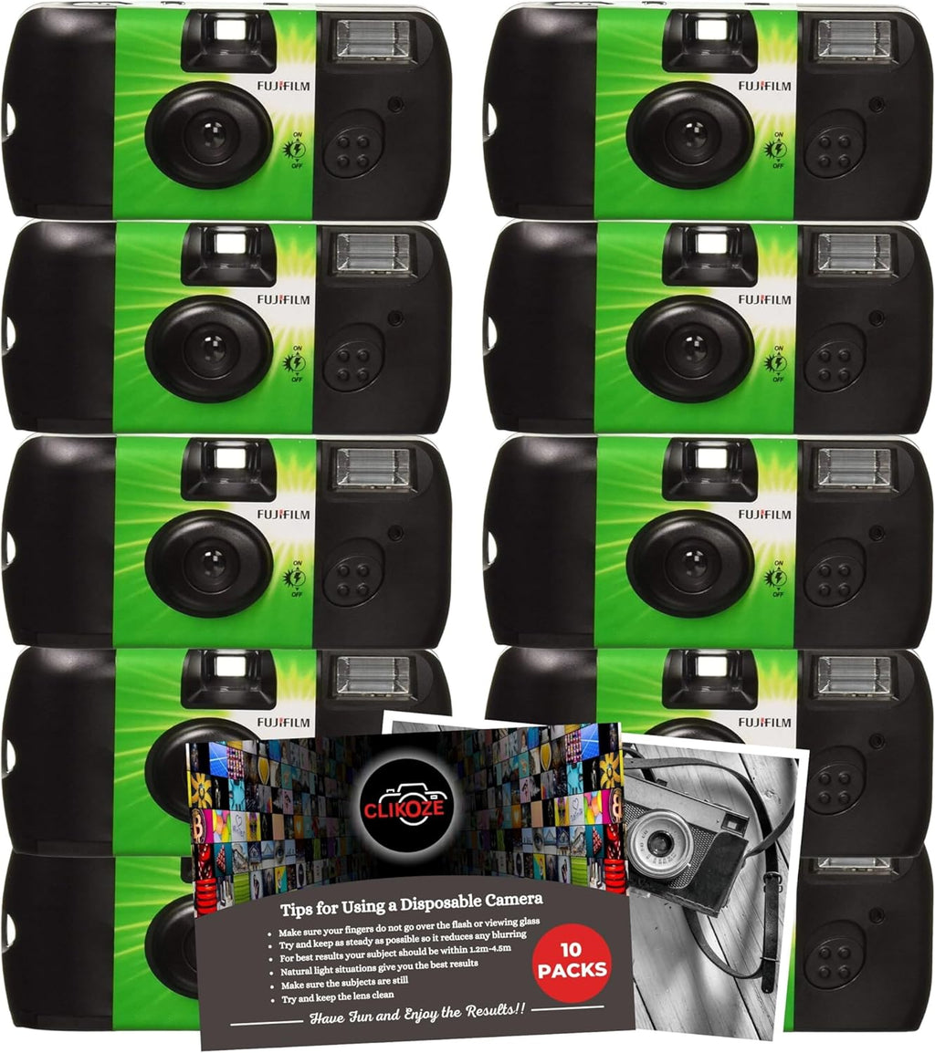 Lot de 10 Appareils Photo Jetables Argentique Fujifilm Quicksnap, Idéal pour Mariage, avec Carte d'Astuces Clikoze à Usage Unique