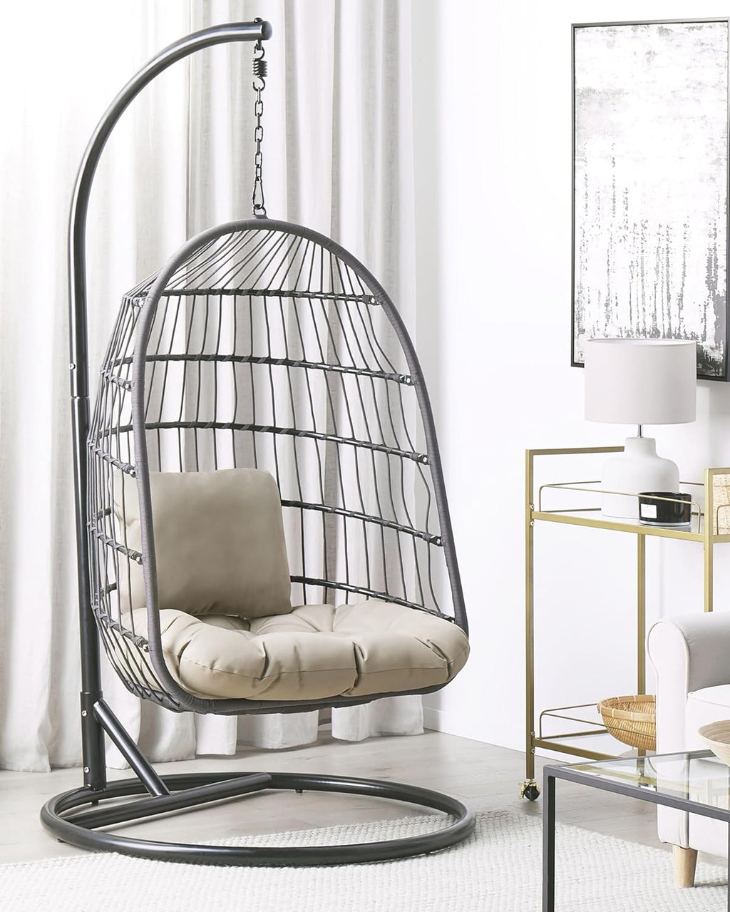 Fauteuil Suspendu Gris avec Coussin et Support Noir 102 cm en Métal et Rotin Très Confortable pour Extérieur Style Boho Beliani