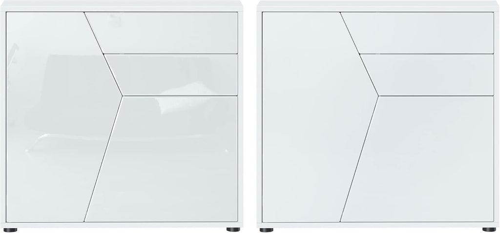 Vladon Buffet Benny, Commode avec 2 Portes et 2 tiroirs, Blanc Mat/Blanc Haute Brillance (79 x 74 x 36 cm)