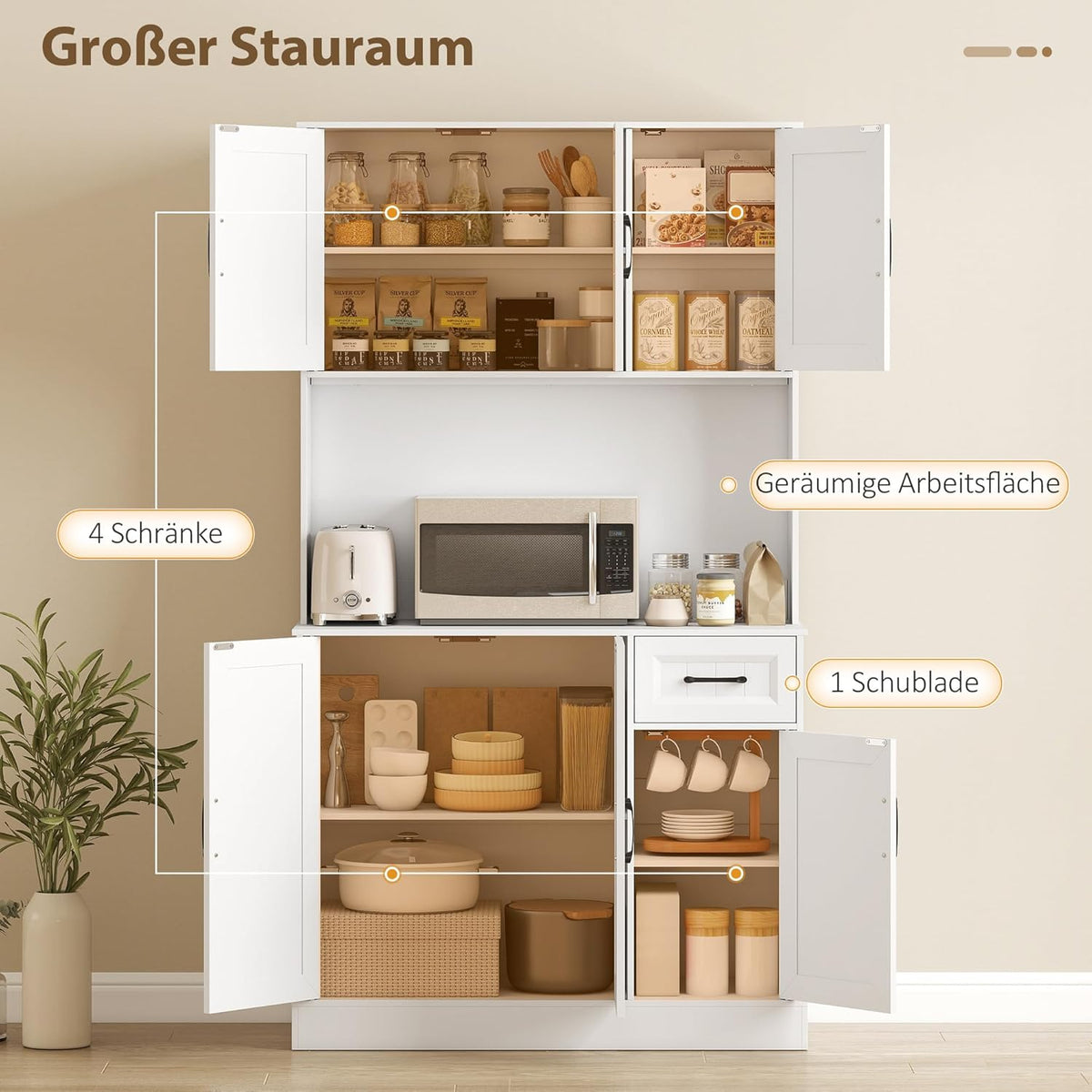 HOMCOM Armoire de cuisine, armoire buffet avec plan de travail, étagères réglables, 6 portes, tiroir, haute garde-manger avec trou de câble, pour cuisine salon salle à manger 100 x 39,5 x