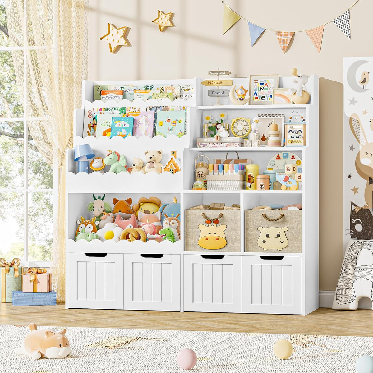 FOREHILL Meuble Rangement Enfant Bibliothèque Enfant avec 4 Boîtes Amovibles 9 Étagères Rangement Jouet pour Chambre d’Enfants Salle de Jeu 125x40x120 cm Blanc