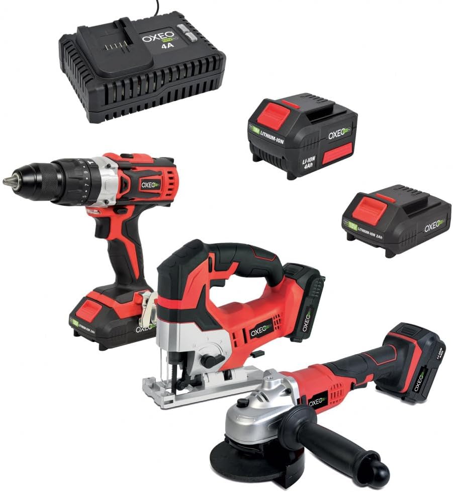 Oxeo Ensemble Essentiel Bricolage Easy Full 18V : Perceuse/Meuleuse/Scie Sauteuse avec Batteries 2Ah/4Ah et Chargeur Rapide