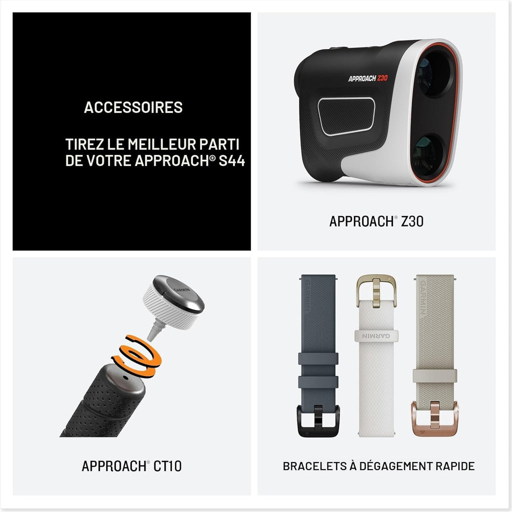 Approach S44 EssentialGPS Smartwatch Écran AMOLED Fonctionnalités sur Le Terrain Lunette en Aluminium argenté avec Bracelet en Silicone Noir