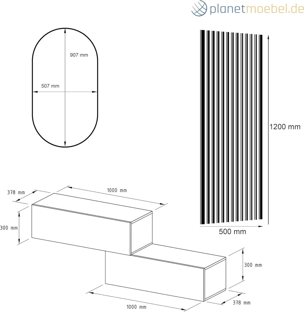 Planetmöbel Lot de 2 vestiaires de couloir 100 cm Chêne doré Anthracite Panneau mural 50 cm Chêne doré/anthracite Miroir 50 cm