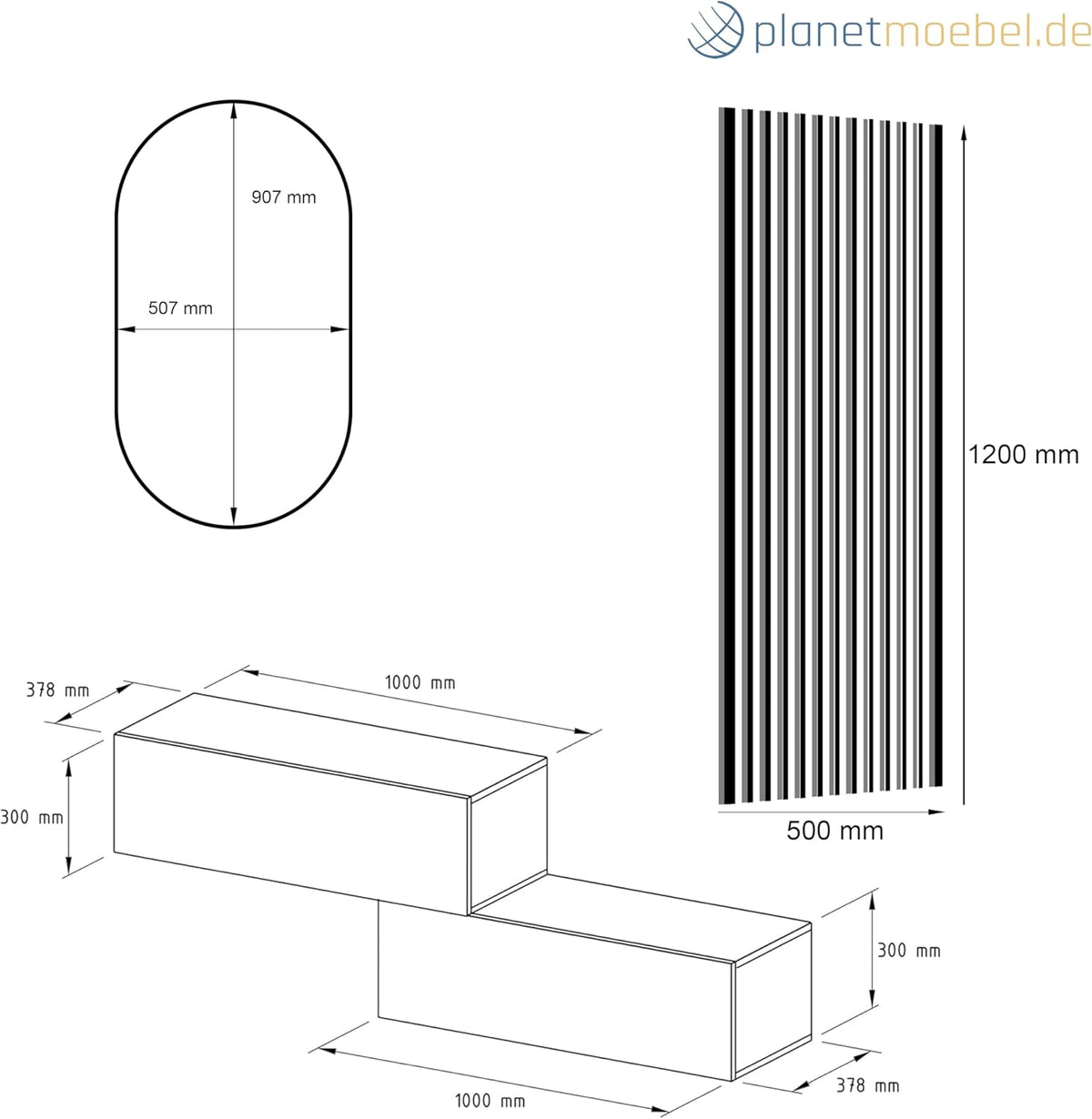 Planetmöbel Lot de 2 vestiaires de couloir 100 cm Chêne doré Anthracite Panneau mural 50 cm Chêne doré/anthracite Miroir 50 cm