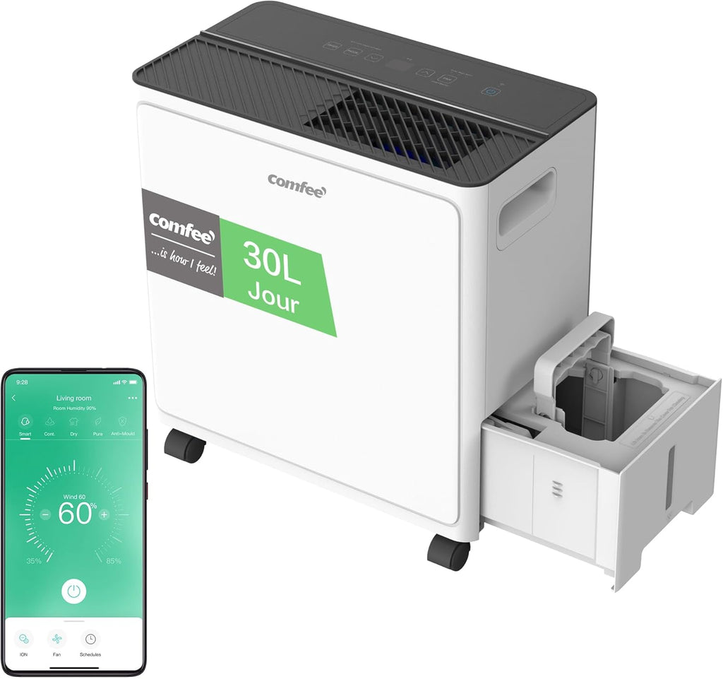 Déshumidificateur Puissant, Absorbe jusqu'à 30L/Jour, Sèche-linge, Mode confort, Réservoir 3L, Minuterie 24H, Idéal pour grandes pièces de 58-73㎡, Garage, Sous-sol