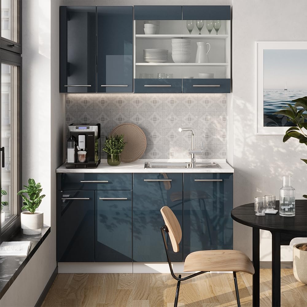 Vicco Cuisine Fame-Line, Bleu foncé Brillant/Blanc, 140 cm, PT Anthracite