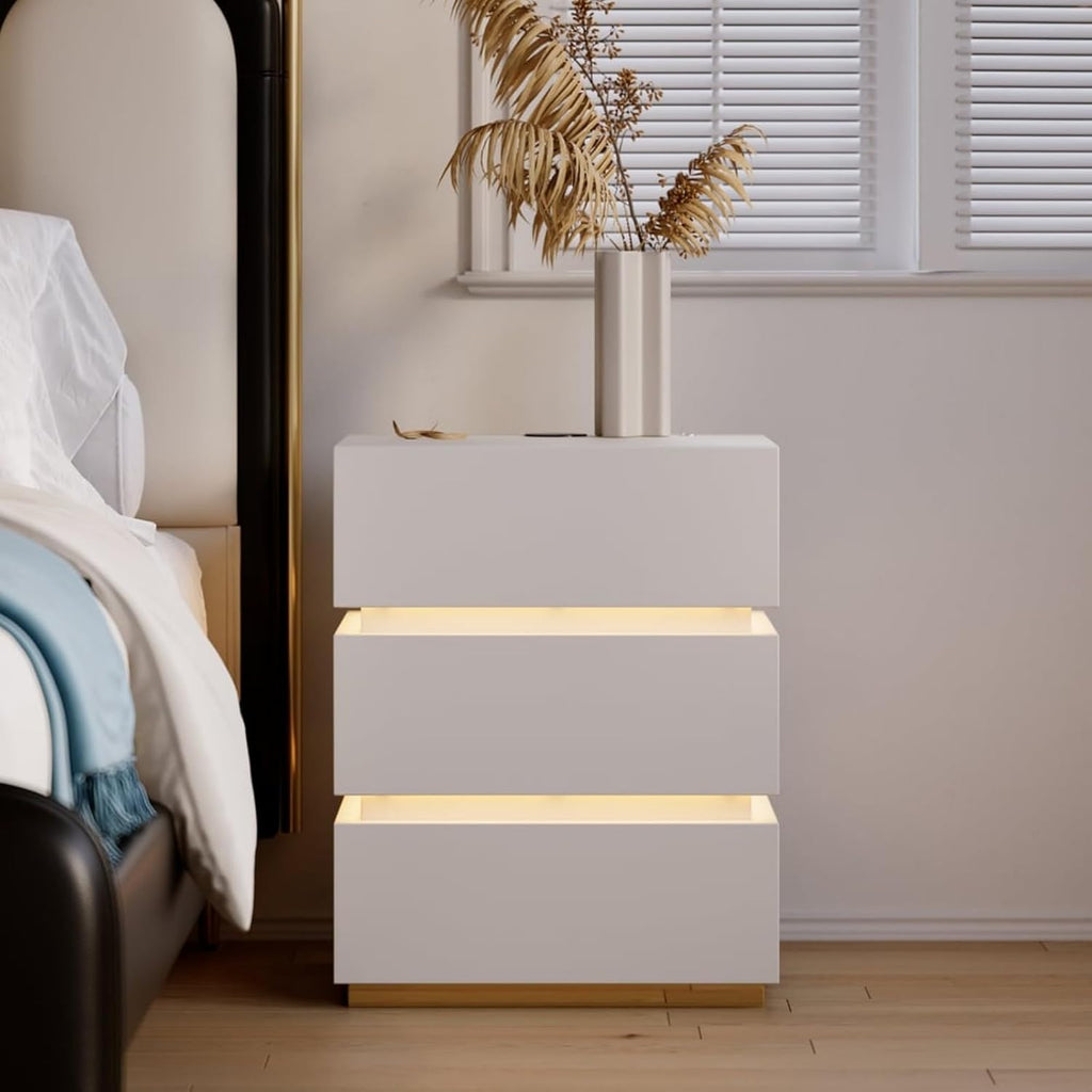 Homary Table de Chevet Intelligente LED Blanc à 3 Tiroirs – Table de Nuit avec Recharge sans Fil & Éclairage Réglable, Design Moderne pour Chambre Adulte (Blanc, 3 Tiroirs)