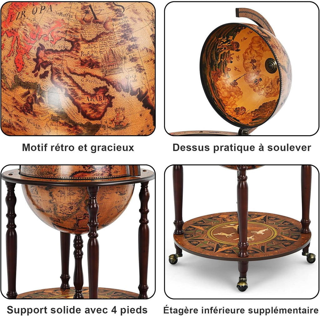 COSTWAY Bar Globe Cartographie Marine du XVIe Siècle, Globe Porte-Bouteilles 45cm Mobile en Bois avec 4 roulettes et Style Rétro, pour Salle à Manger, Salon, Bar, Cave à Vin (Marron)