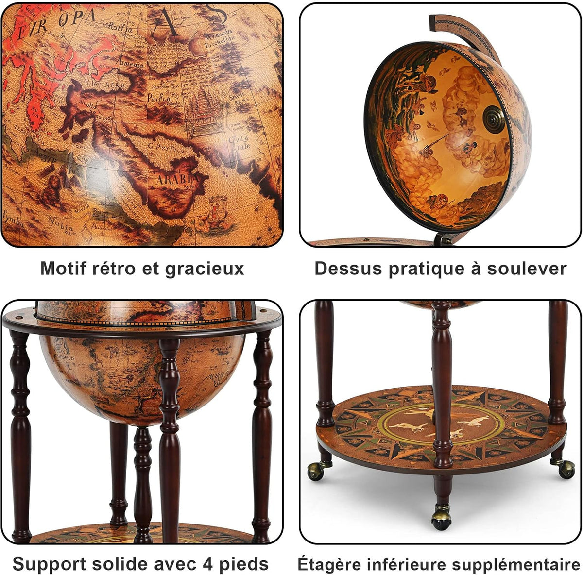 COSTWAY Bar Globe Cartographie Marine du XVIe Siècle, Globe Porte-Bouteilles 45cm Mobile en Bois avec 4 roulettes et Style Rétro, pour Salle à Manger, Salon, Bar, Cave à Vin (Marron)