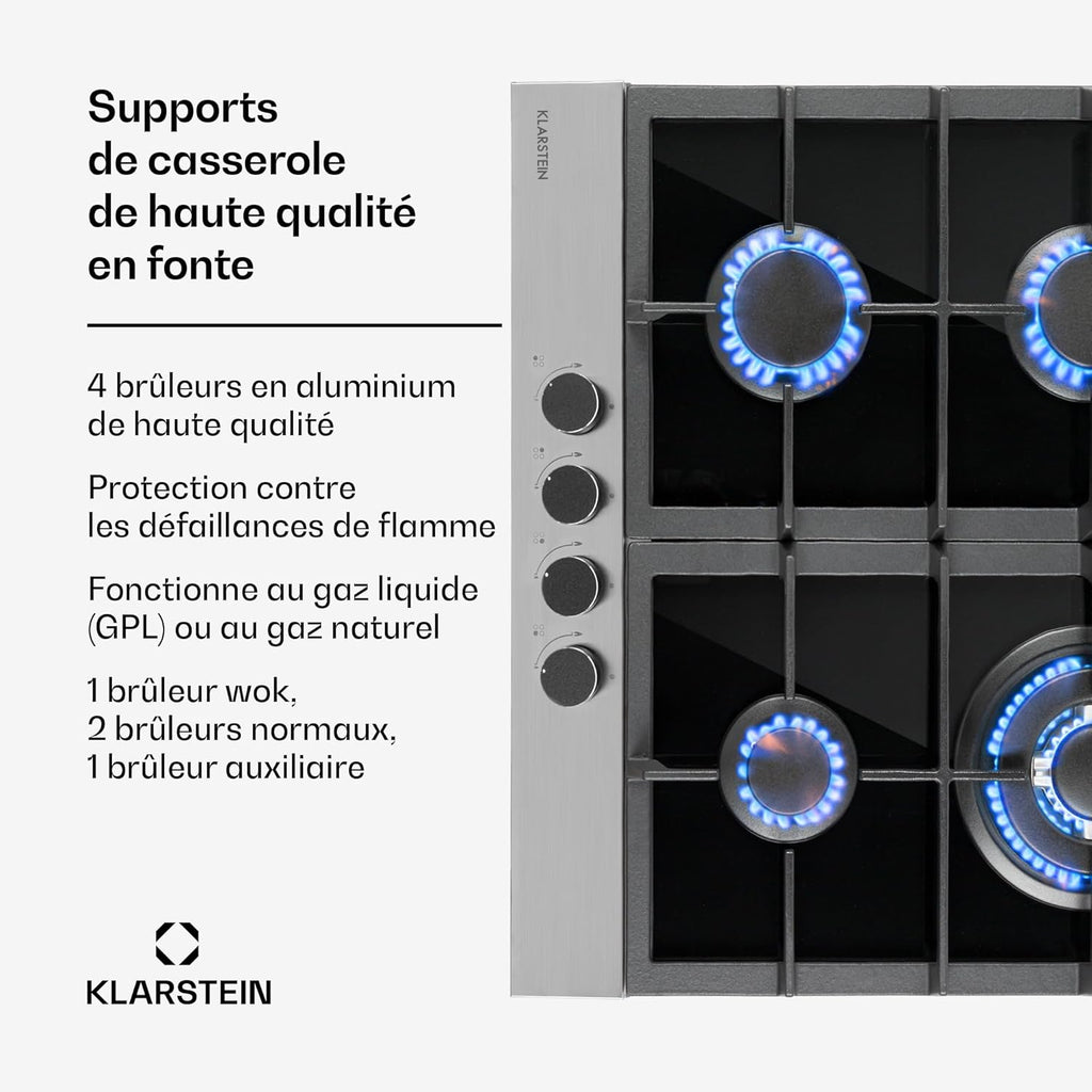 Klarstein Plaque de Cuisson à Gaz 4 Feux, Table de Cuisson 4 Brûleurs, 8.0 kW, Piano Cuisine en Acier Inoxydable, Encastrable, Inox