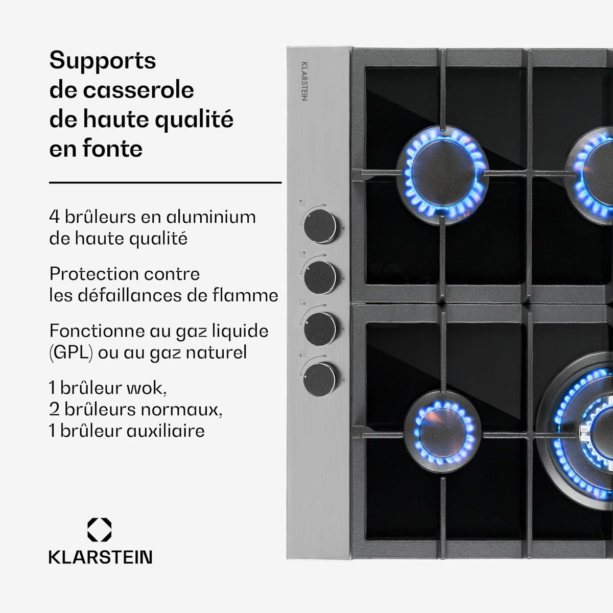 Klarstein Plaque de Cuisson à Gaz 4 Feux, Table de Cuisson 4 Brûleurs, 8.0 kW, Piano Cuisine en Acier Inoxydable, Encastrable, Inox
