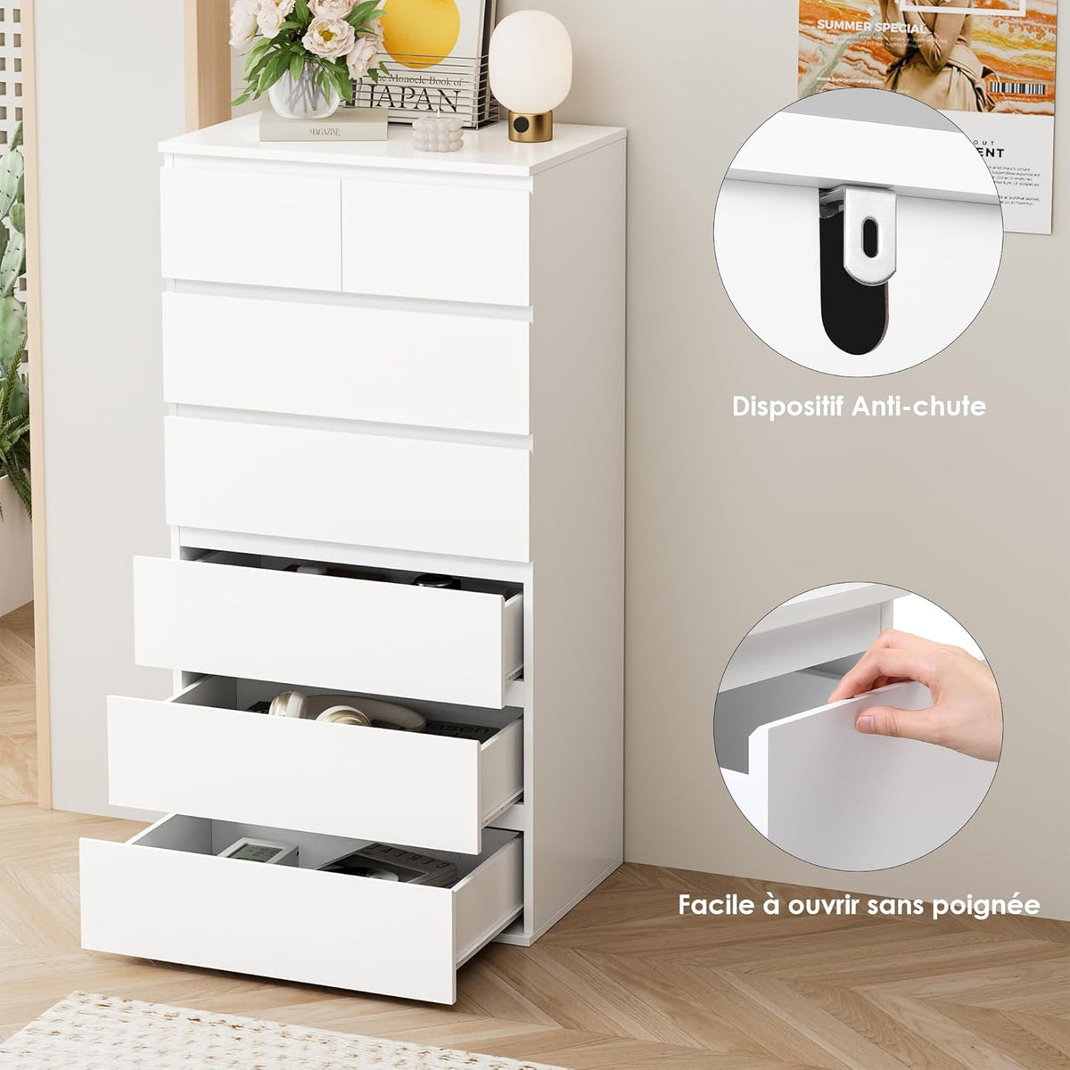 FOREHILL Commode 7 Tiroirs Commode Chambre Adulte Chiffonnier Haut Commodes Rangement Blanche Armoire à Tiroirs pour Salon Couloir en Bois 60x40x119cm