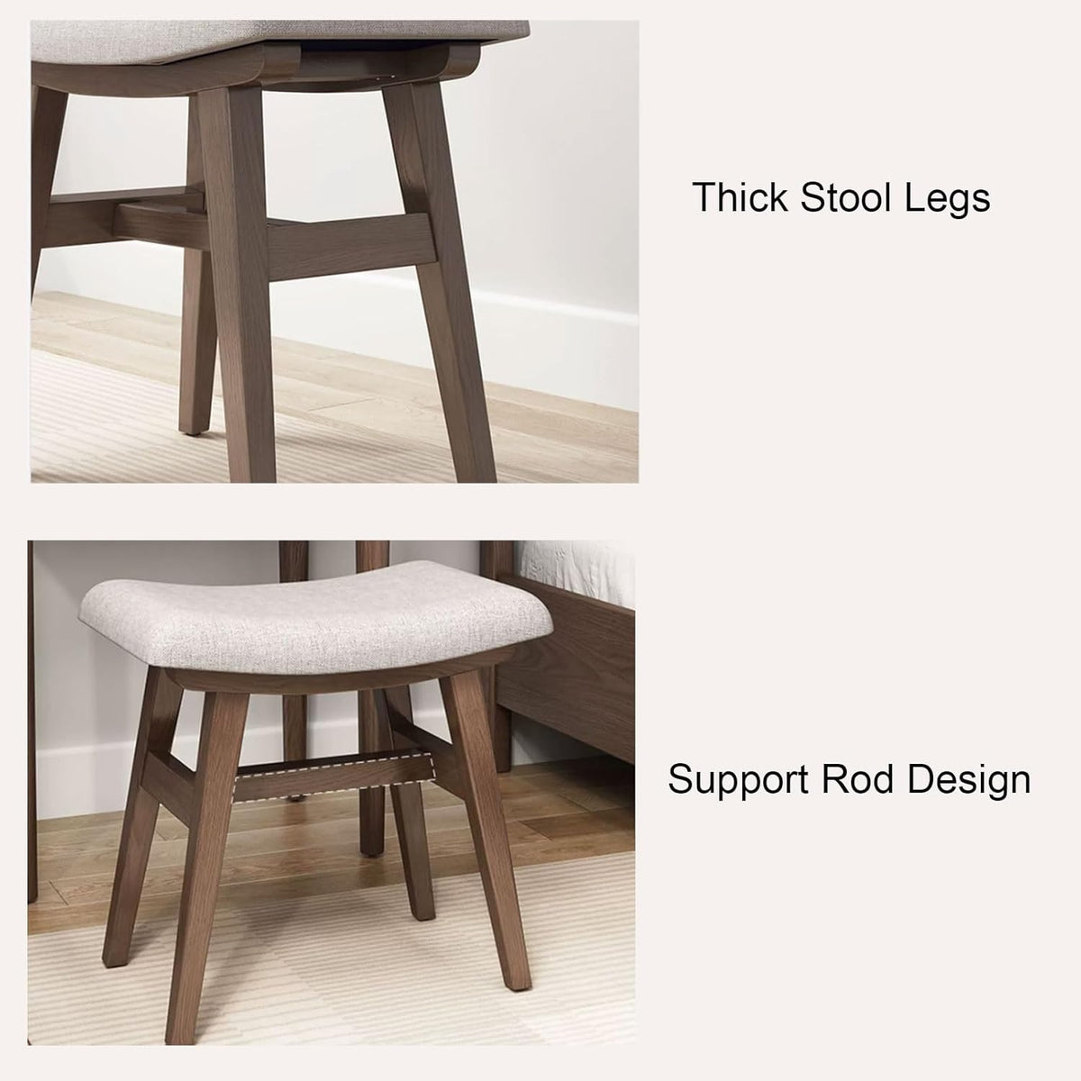 Tabouret de coiffeuse rembourré moderne et élégant avec pieds en bois, siège polyvalent pour femme, idéal pour coiffeuse et décoration d'intérieur