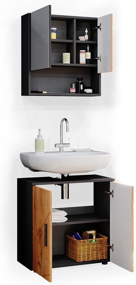 Vicco Ensemble de Meubles de Salle de Bain Irma, Anthracite/Chêne, 2 pièces, Armoire Basse 60 cm