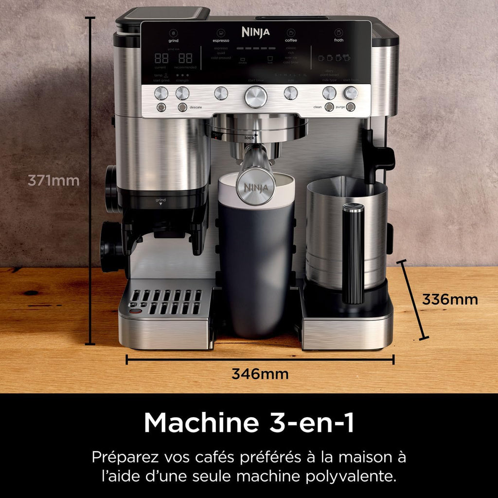 Ninja Machine à café Luxe Premier 3-en-1, Latte, Cappuccino, Infusion à froid et Espresso avec broyeur à grains et mousseur à lait intégrés, facile à utiliser, 4 préréglages mousse, argent, ES601EU