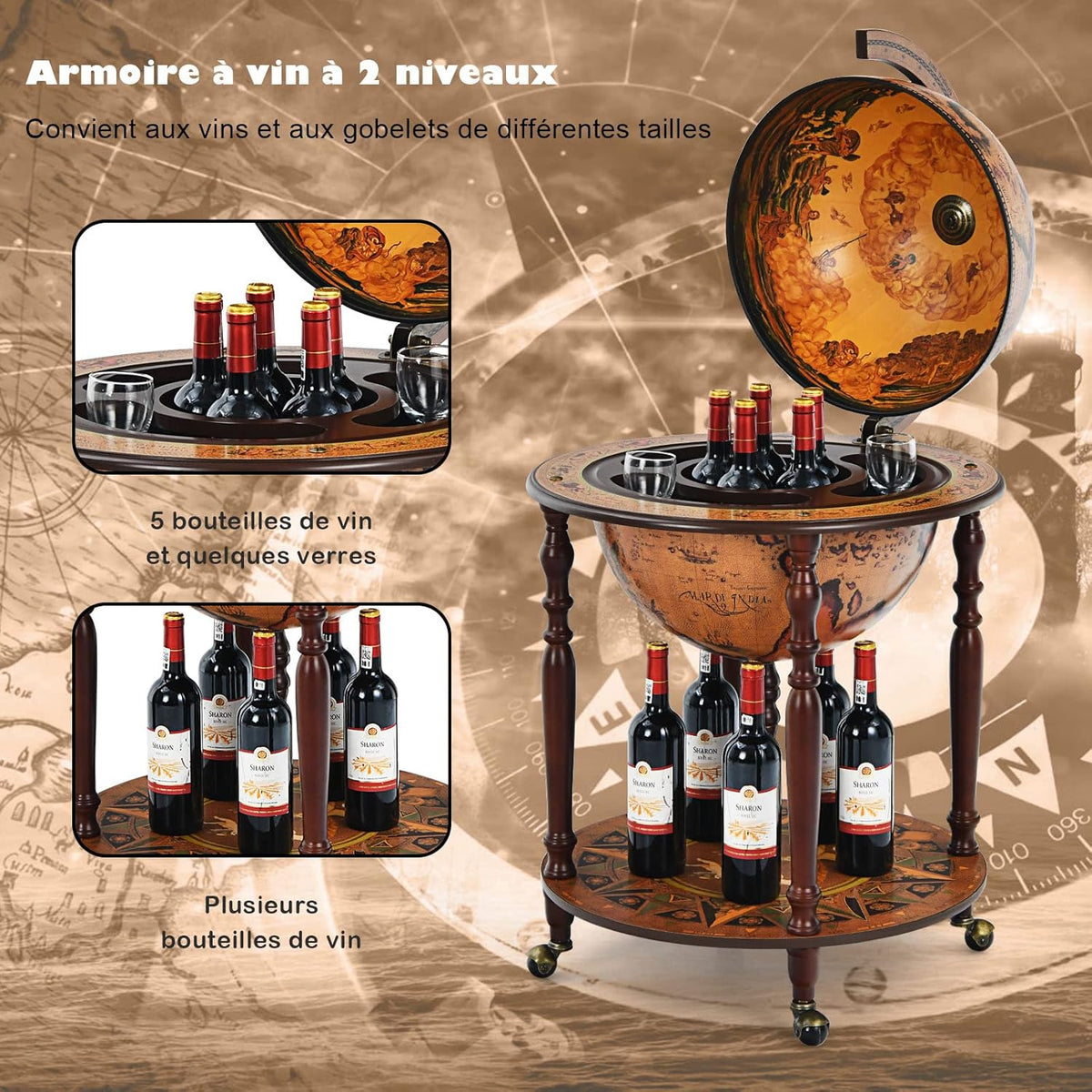 GOPLUS Bar Globe Terrestre Mappemonde à Vin en Bois φ45 CM, Chariot de Bar Forme Globe avec 4 Pieds et 4 roulettes, Porte-Bouteille Bar d’Angle avec Couvercle pour Salon, Salle à Manger (Marron)