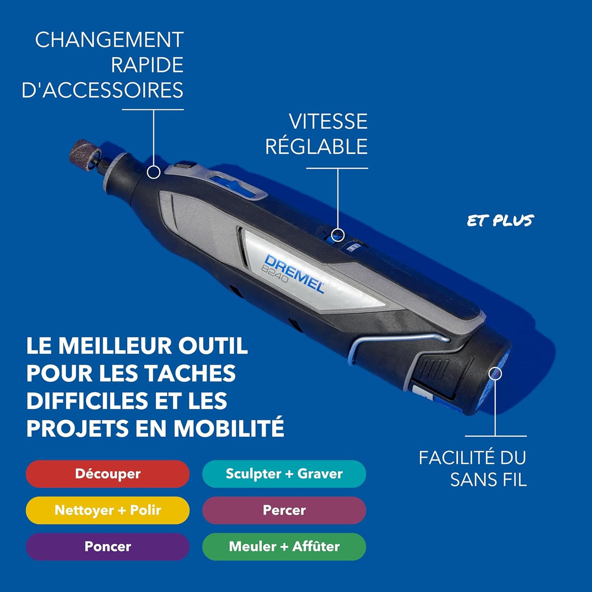 Dremel 8240 Outil Rotatif sans Fil, Batterie Lithium-Ion 12V 2Ah - Outil Multifonction & Coffret de 150 accessoires Dremel pour outils rotatifs pour graver, découper, poncer, meuler