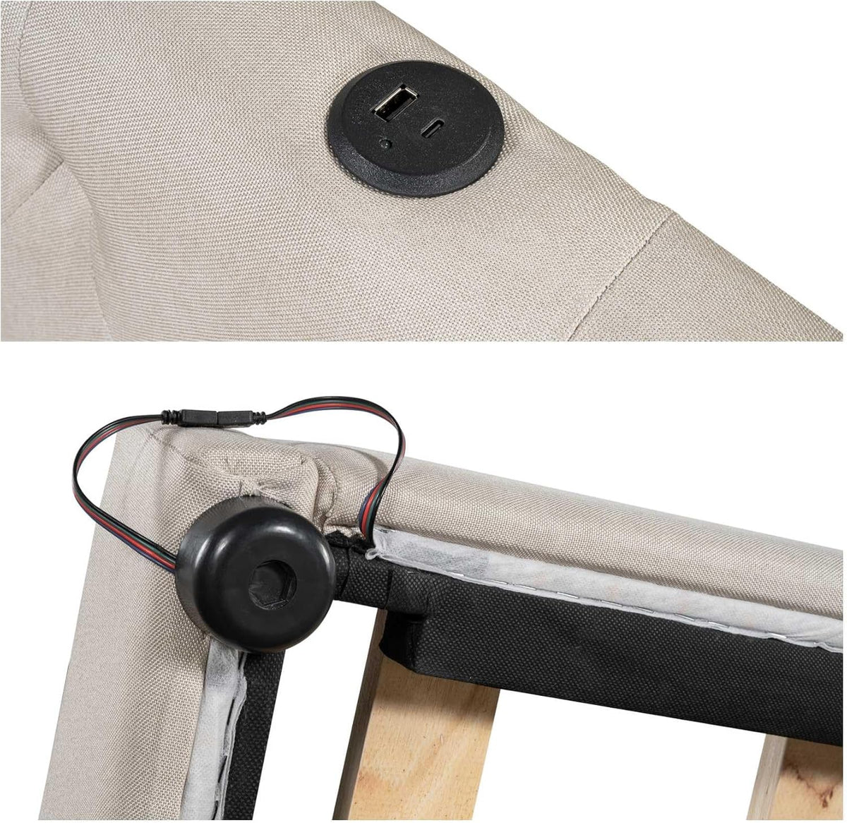 EURHCIO Canapé Lit 2 Places 140x200,Cadre de Lit Double avec Éclairage LED Réglable,Port USB-C,Sommier à Lattes Solide,pour Adultes Adolescents,Lin Beige, 140x200