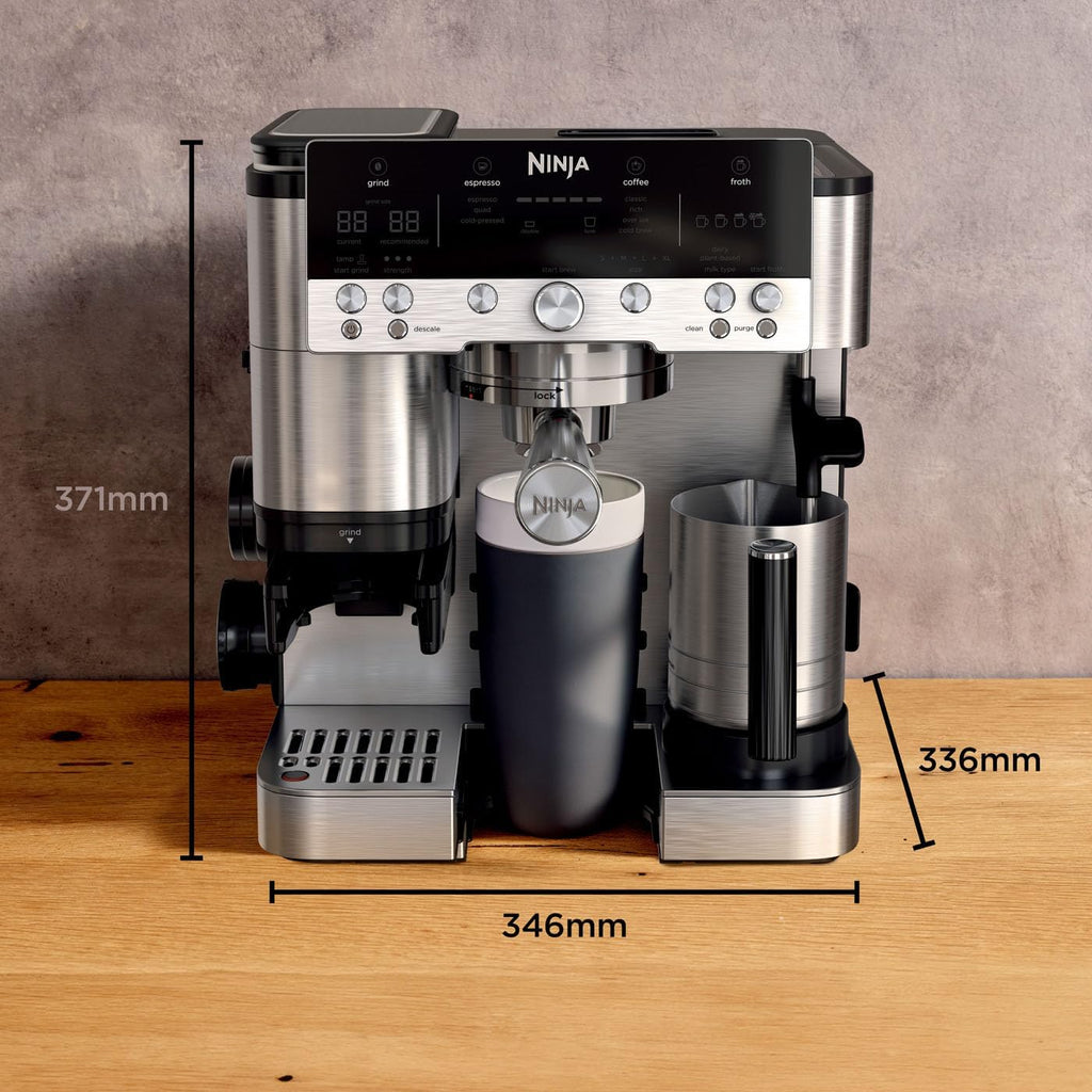Ninja Machine à café Luxe Premier 3-en-1, Latte, Cappuccino, Infusion à froid et Espresso avec broyeur à grains et mousseur à lait intégrés, facile à utiliser, 4 préréglages mousse, argent, ES601EU