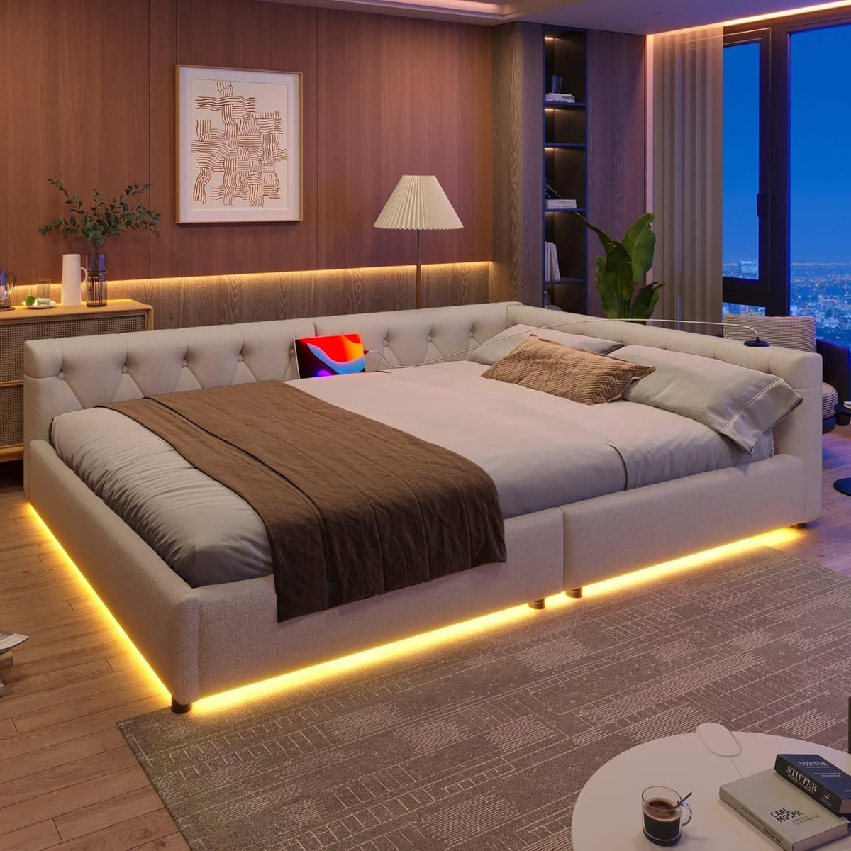 EURHCIO Canapé Lit 2 Places 140x200,Cadre de Lit Double avec Éclairage LED Réglable,Port USB-C,Sommier à Lattes Solide,pour Adultes Adolescents,Lin Beige, 140x200