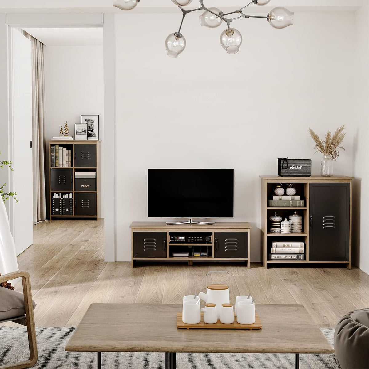 HOMCOM Ensemble Buffet Bibliothèque et Meuble TV Design Industriel 2 Passe-Fils Multi-Rangement Aspect Bois veinage Portes métal Noir