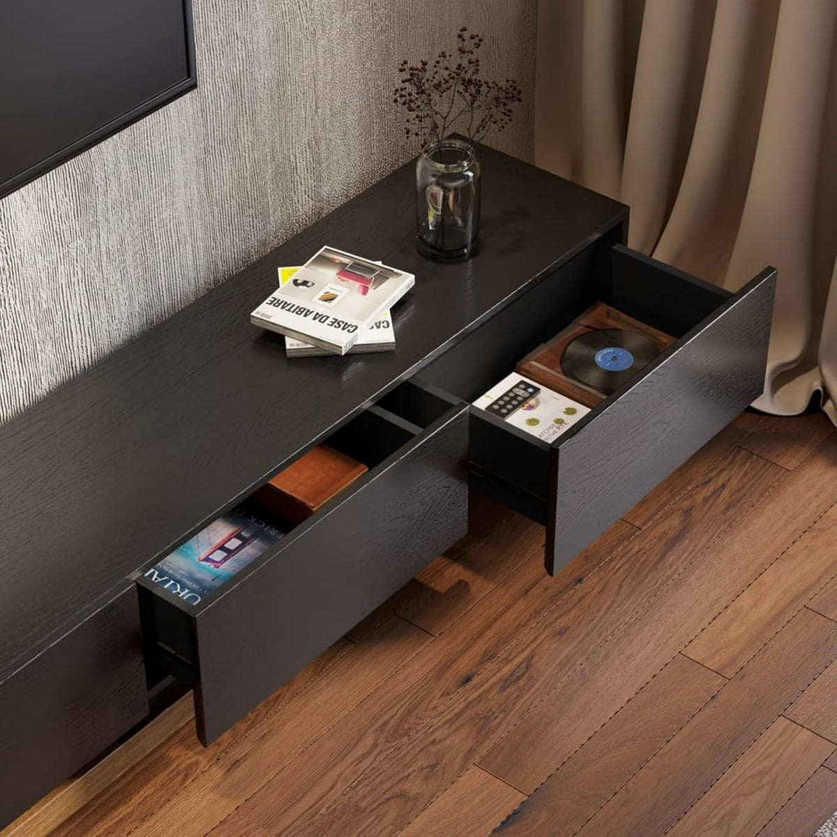 Homary Meuble TV Extensible 3 Tiroirs, Centre de Divertissement pour TV Jusqu'à 120 (Noyer et Gris, 200 cm L × 40 cm P × 35 cm H) (Noir et Noyer)