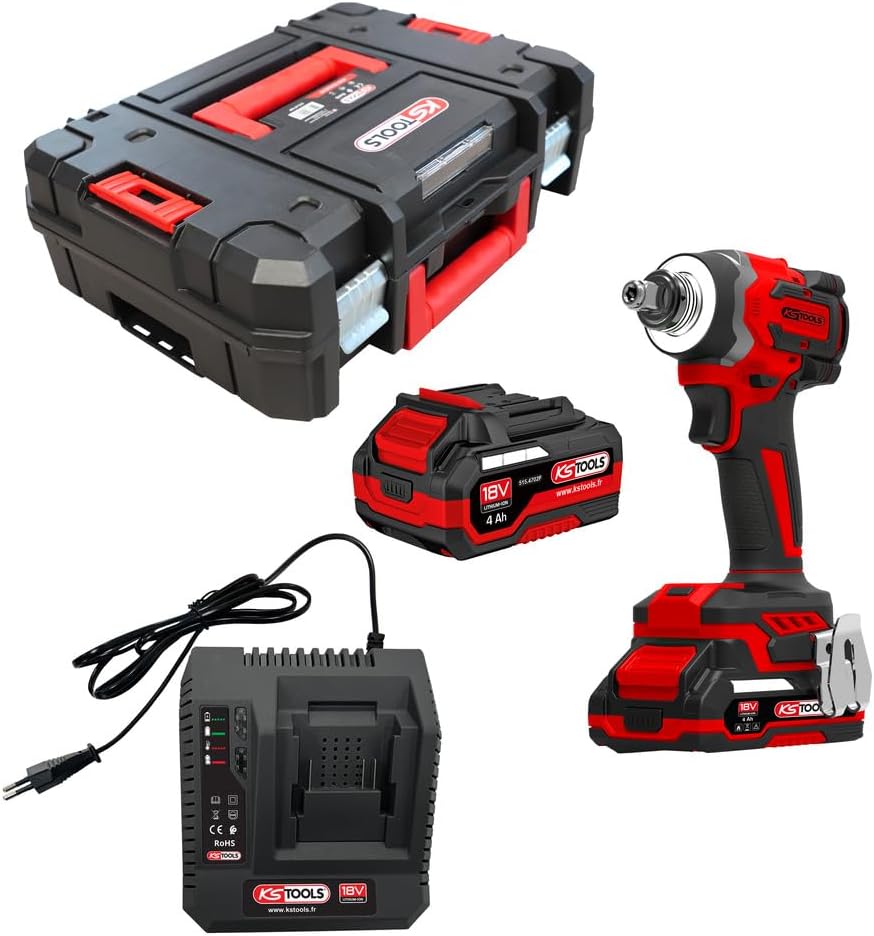 KS Tools - 515.4745F - Visseuse à chocs sur batterie - Embouts 1/2" et 1/4" - Livrée en coffret avec 2 batteries 4Ah - Visseuse devisseuse sans fil brushless - 18 V - 230 Nm - 1 kg sans batterie