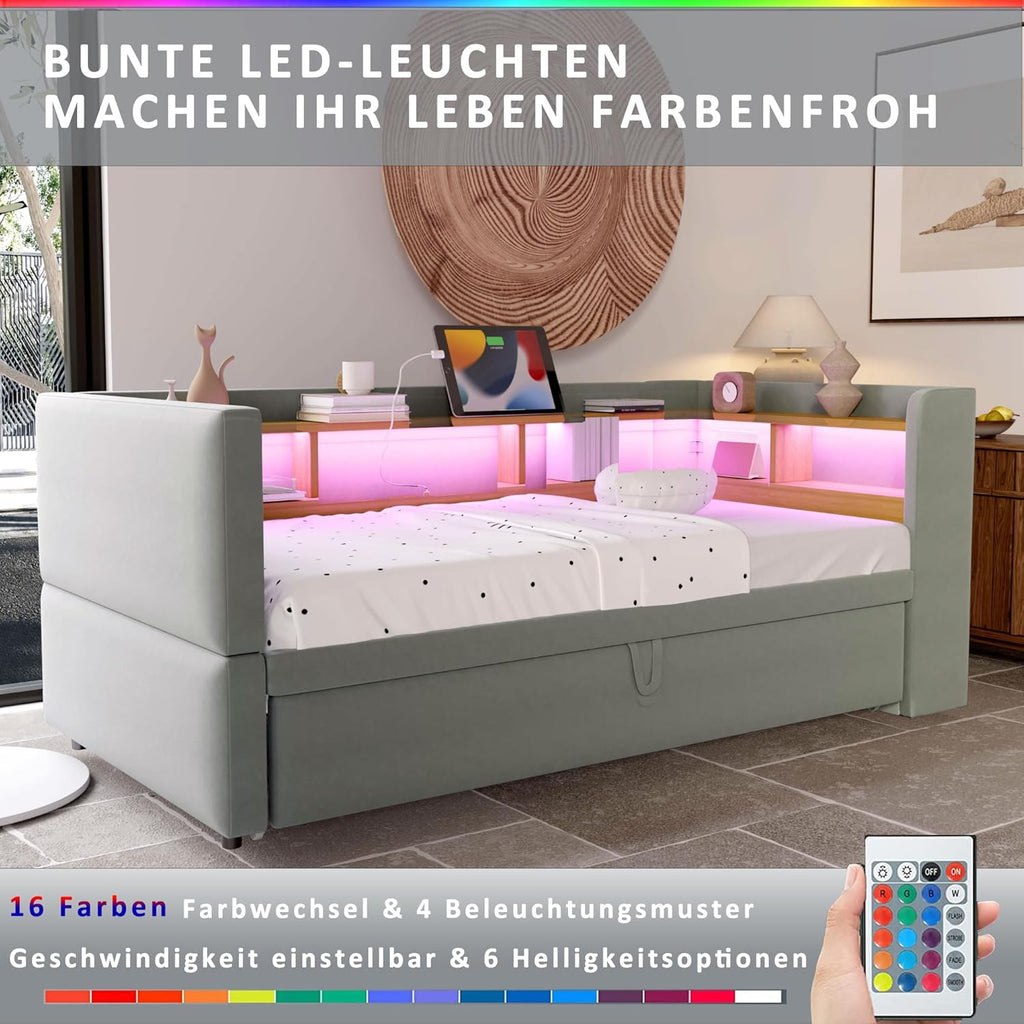 Canapé lit 90x190, Canapé Convertible avec LED et USB, lit 2 Personnes 90/180x190 avec lit gigogne et Plusieurs Compartiments de Rangement, Meuble Salon Gris Clair (sans Matelas)