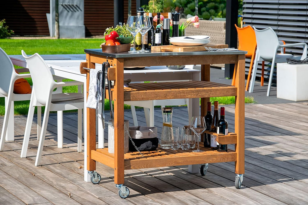 dobar 35540FSCe Desserte à roulettes d'extérieur avec Plateau en Acier Inoxydable 94 x 58 x 90 cm Pin Marron