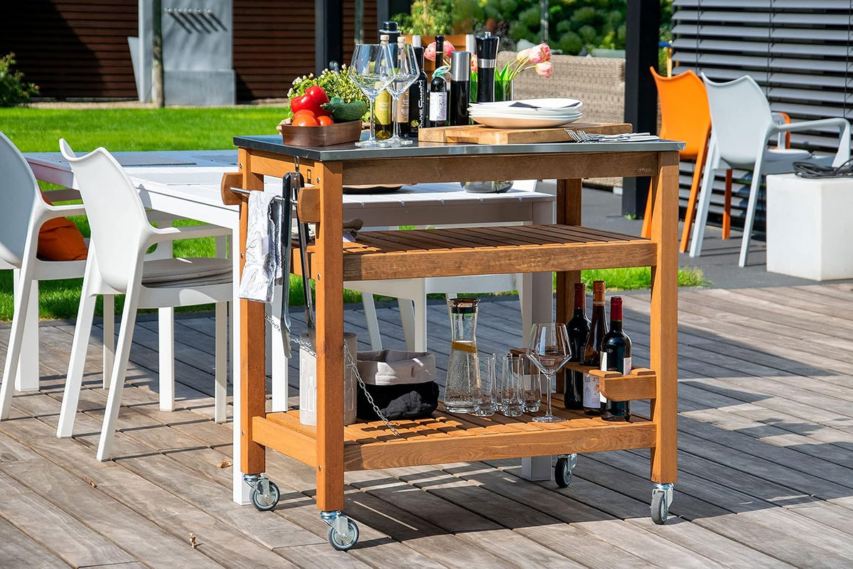 dobar 35540FSCe Desserte à roulettes d'extérieur avec Plateau en Acier Inoxydable 94 x 58 x 90 cm Pin Marron