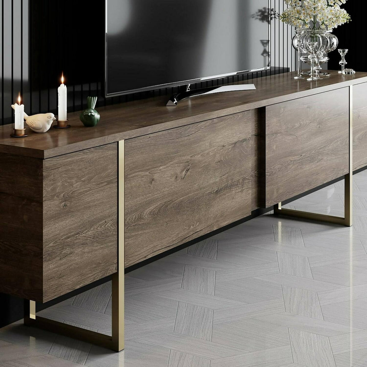 Dmora - Meuble TV Centaurus, Buffet de Salon, Armoire Basse pour TV, Base Murale de Rangement, 180x30h50 cm, Noyer et Or