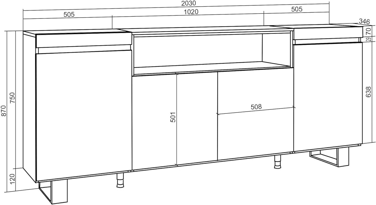 Skraut Home | Buffet Salon et Cuisine | Meuble de Rangement, Commode | 200x87x35cm | 4 Portes | Cheminée électrique | Design Industriel | Style Moderne | Chêne et Noir