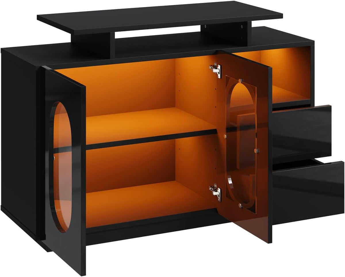 KOMHTOM LED Commode, Buffet en Bois, Armoire de Rangement, Espace Multi-Partitionné, Vitrine Moderne pour Salon, Salle à Manger et Couloir Noir-F
