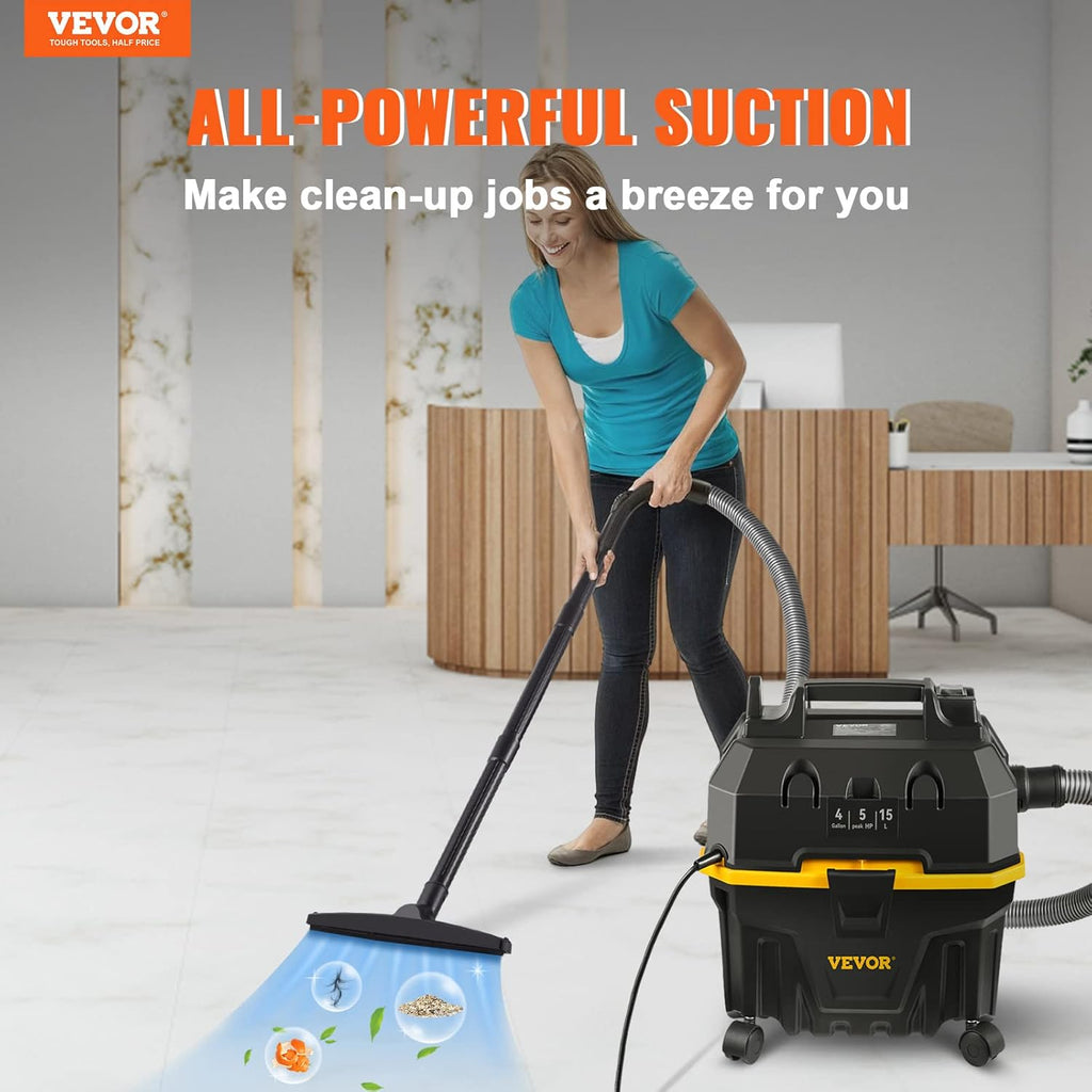 VEVOR Wet & Dry, 4 gallons, 5 Peak aspirateur 3 en 1 avec fonction de soufflage, accessoires portables de nettoyage des sols, tissus d'ameublement, lacunes, voiture, certifié ETL, noir/jaune