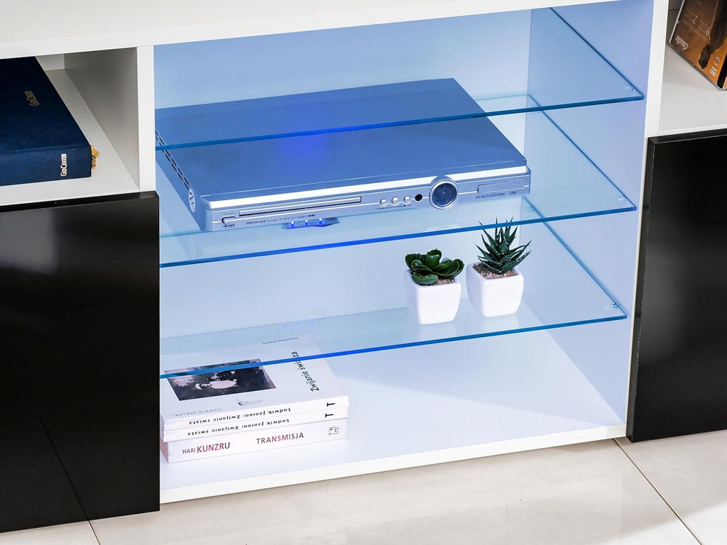Komodee, Meuble Banc TV Urbino, Noir Blanc, Largeur 140cm x Hauteur 53cm x Profondeur 35cm, sans LED, pour Salon, Chambre
