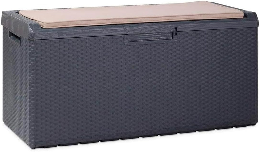 Avilia Coffre de rangement avec assise et coussin amovible d'extérieur – Coffre avec roues, résistant aux intempéries en polypropylène, 340L, 123 x 54 x 59 cm, anthracite