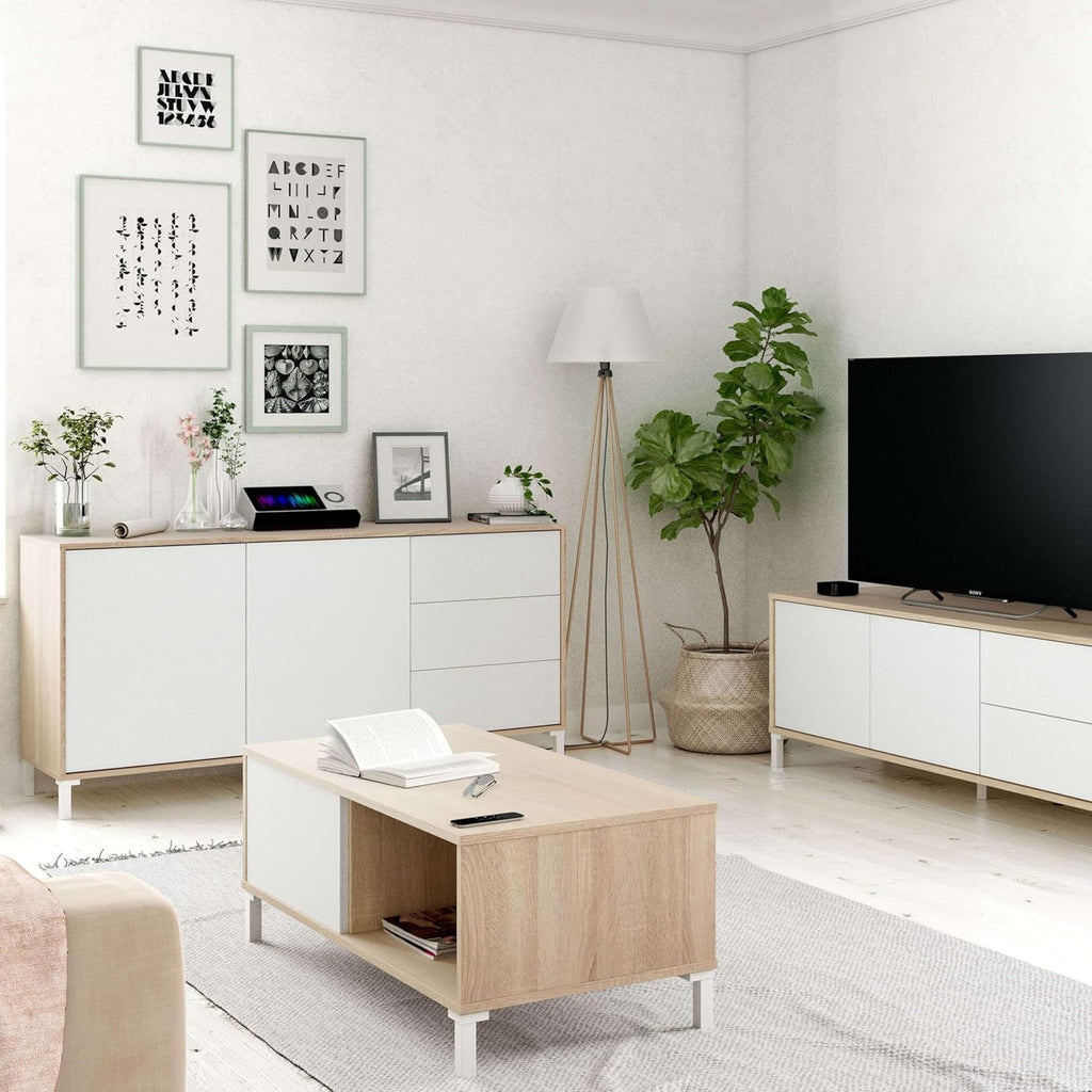 Habitdesign Modèle Brooklyn Buffet 2 portes + 3 tiroirs Finition chêne canadien et Blanc Artik , dimensions : 74 x 154 x 41 cm H x l x P .